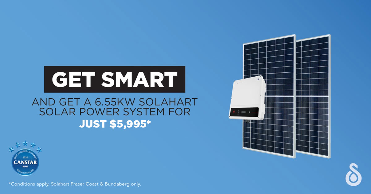 Get a 6.55kW solar power system installed by Solahart Bundaberg from $5,995*. Conditions apply, get in touch for full details.